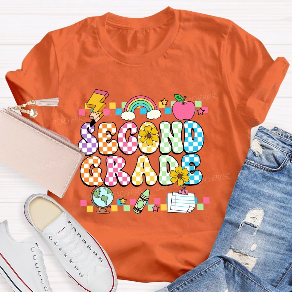 Personalized Grade Colorful Plaid And Letter Print Back To School Teacher T-Shirt