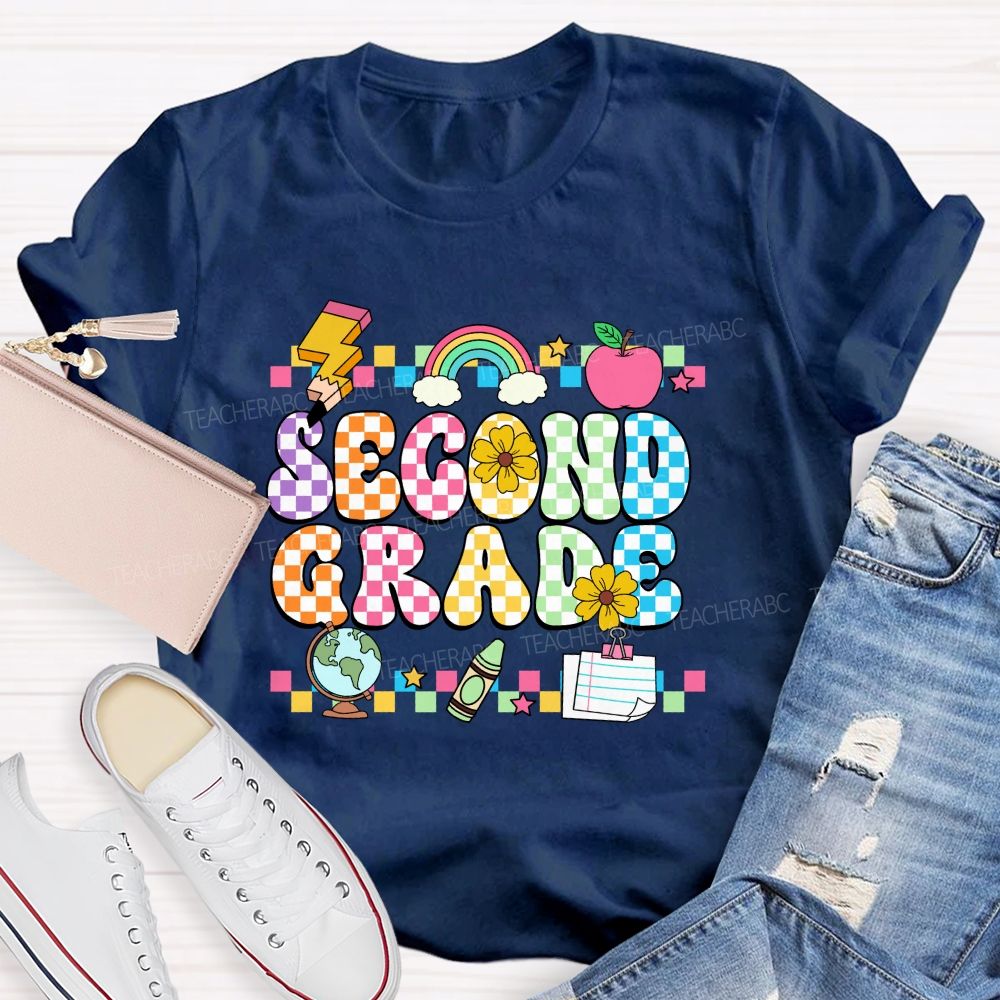 Personalized Grade Colorful Plaid And Letter Print Back To School Teacher T-Shirt