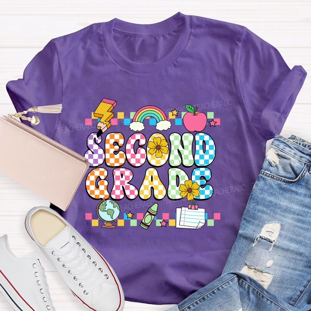 Personalized Grade Colorful Plaid And Letter Print Back To School Teacher T-Shirt