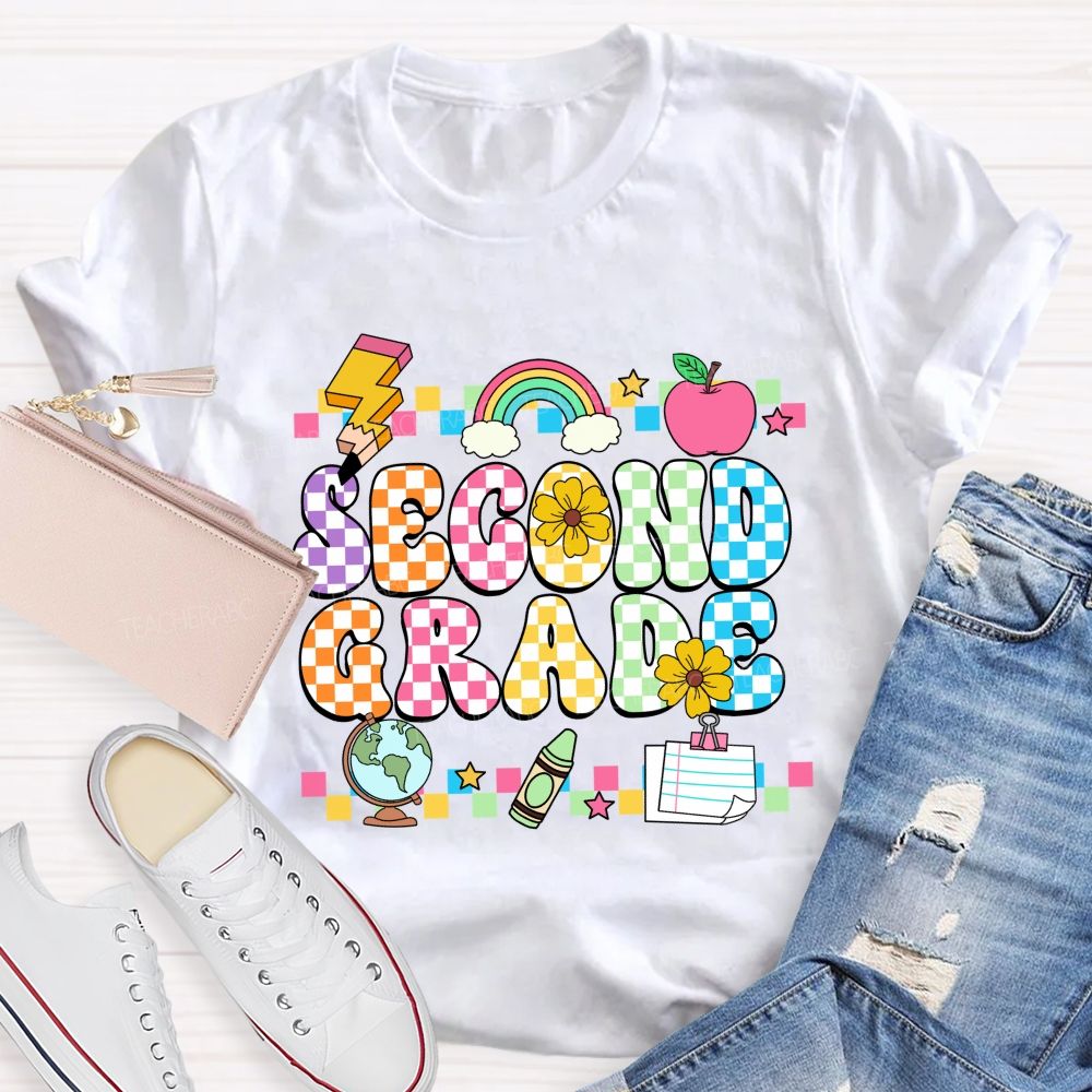 Personalized Grade Colorful Plaid And Letter Print Back To School Teacher T-Shirt