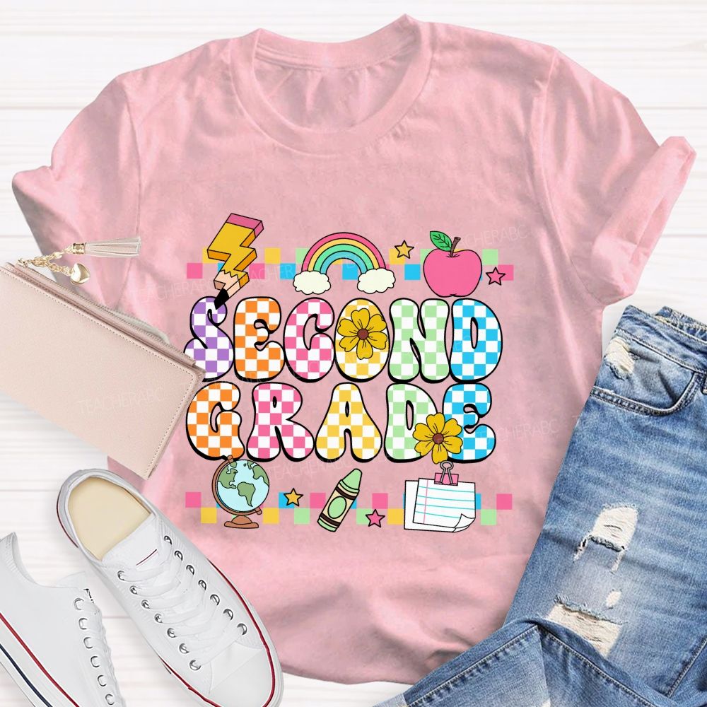 Personalized Grade Colorful Plaid And Letter Print Back To School Teacher T-Shirt