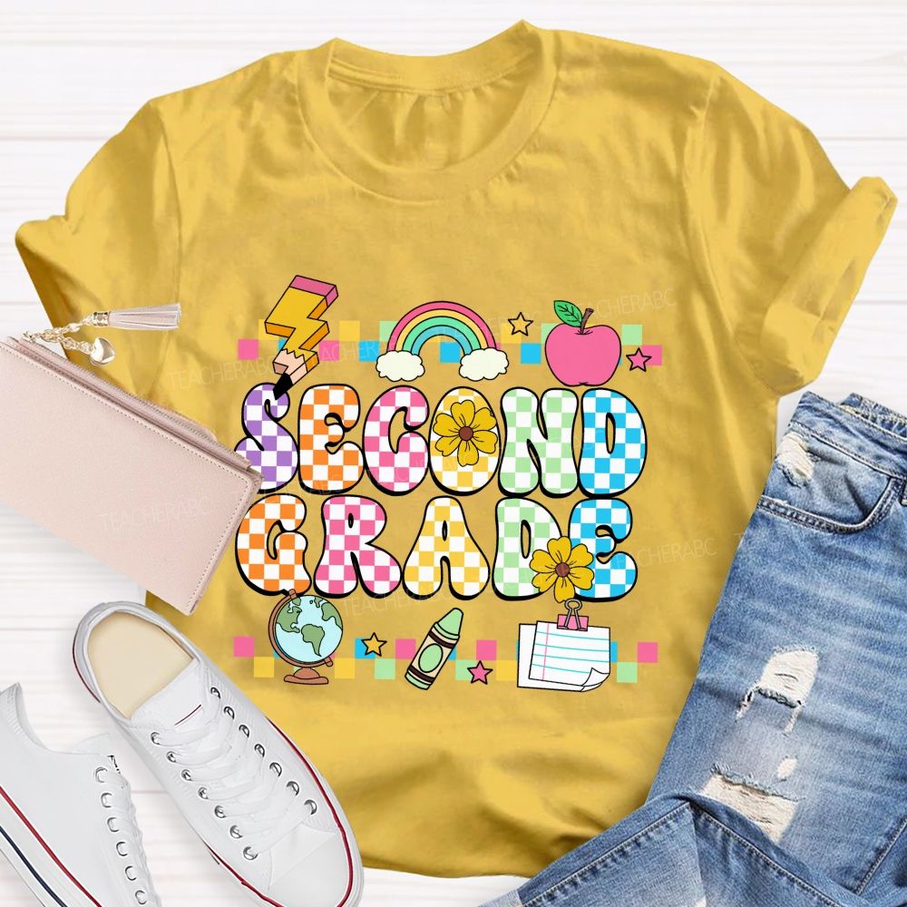 Personalized Grade Colorful Plaid And Letter Print Back To School Teacher T-Shirt