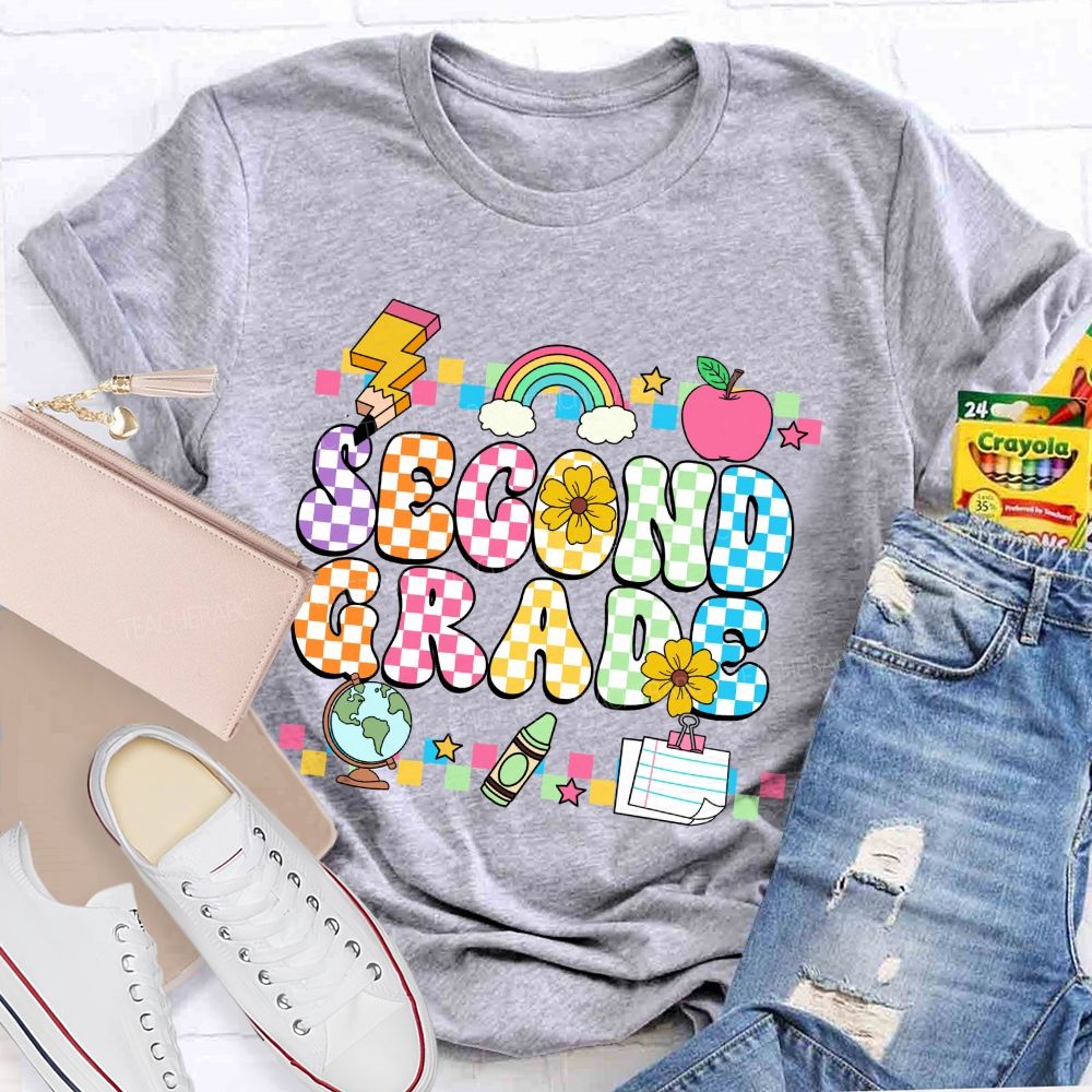 Personalized Grade Colorful Plaid And Letter Print Back To School Teacher T-Shirt