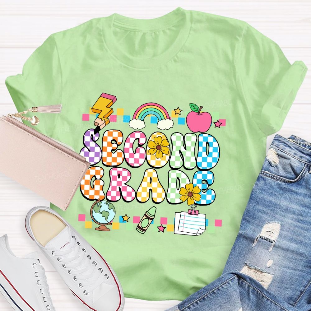 Personalized Grade Colorful Plaid And Letter Print Back To School Teacher T-Shirt