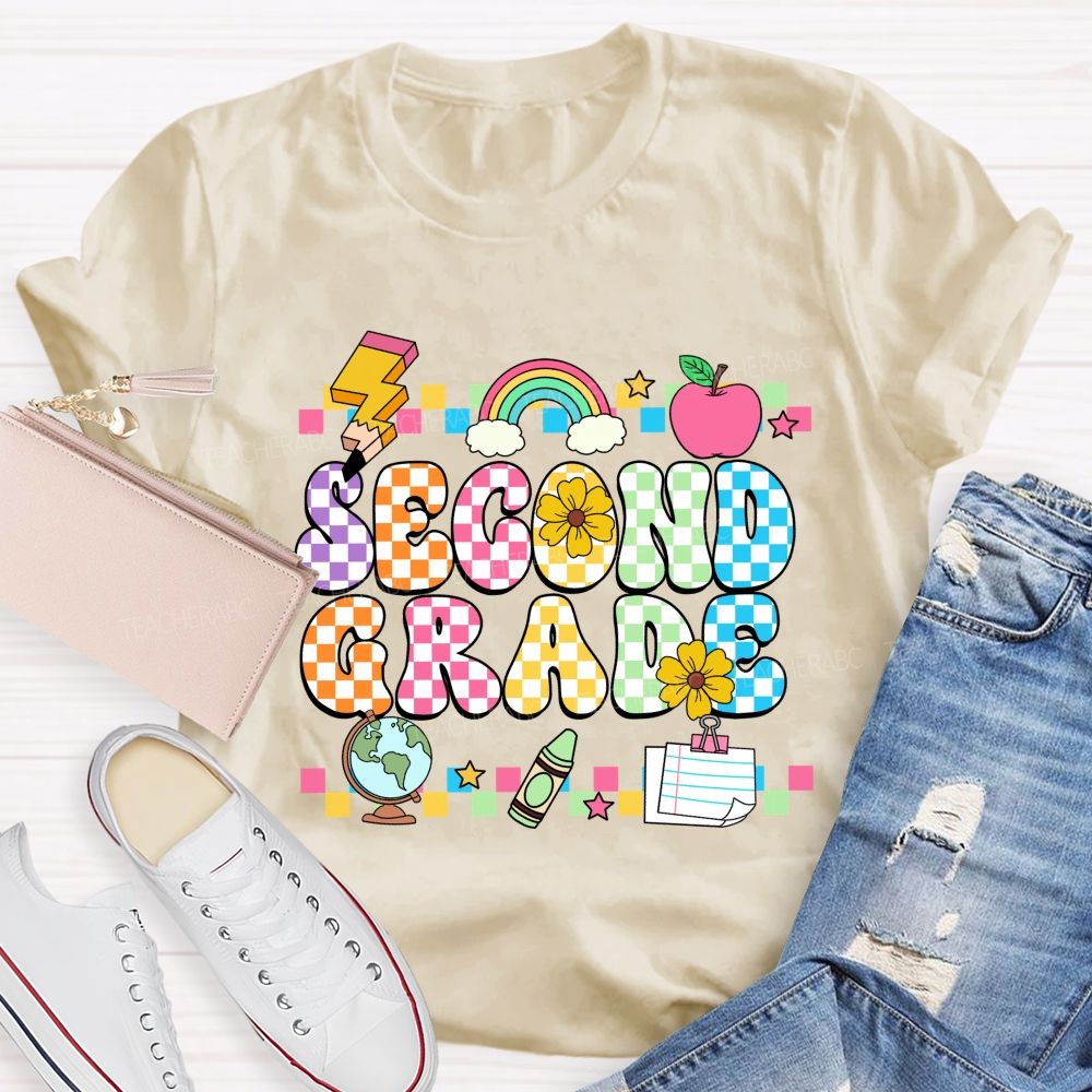 Personalized Grade Colorful Plaid And Letter Print Back To School Teacher T-Shirt