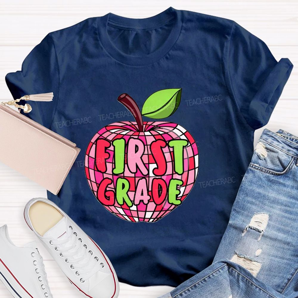 Personalized Grade Pink Plaid Apple Back To School Teacher T-Shirt