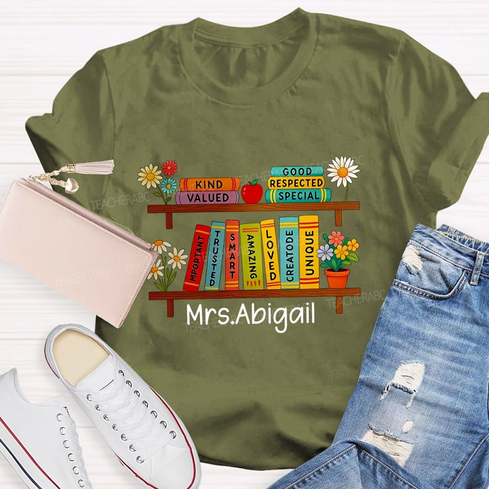 Personalized Name Floral Book Shelf Teacher T-Shirt