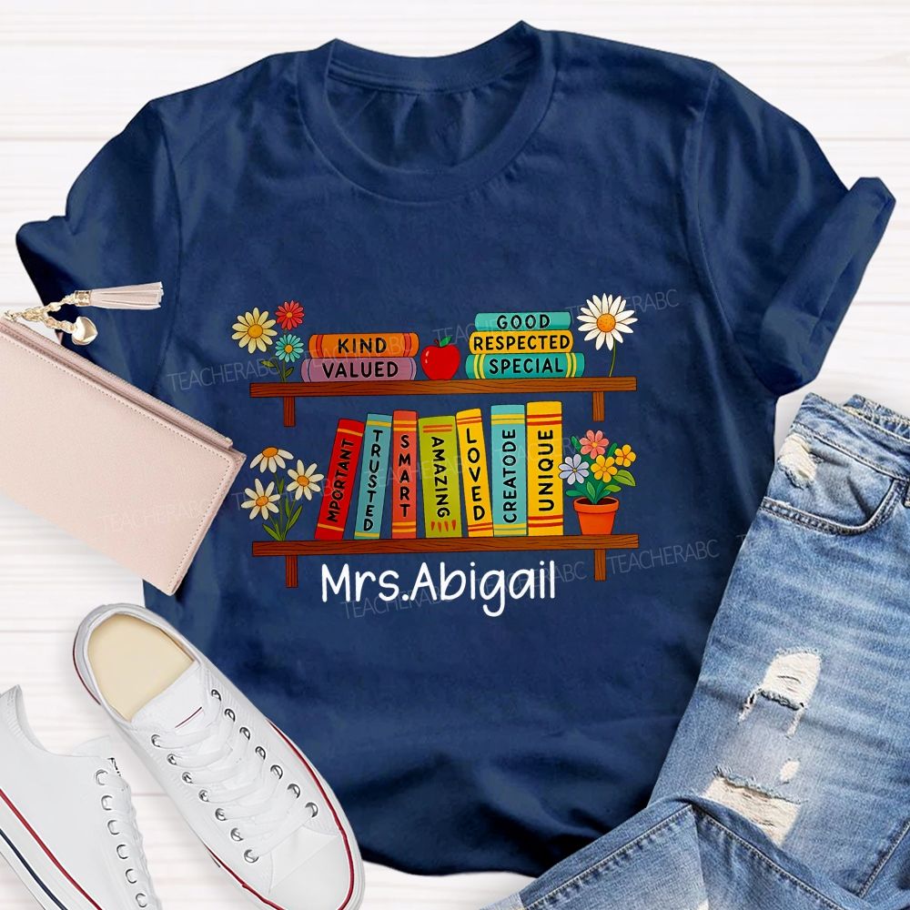 Personalized Name Floral Book Shelf Teacher T-Shirt
