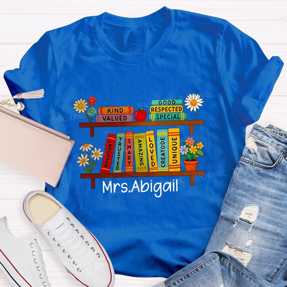 Personalized Name Floral Book Shelf Teacher T-Shirt