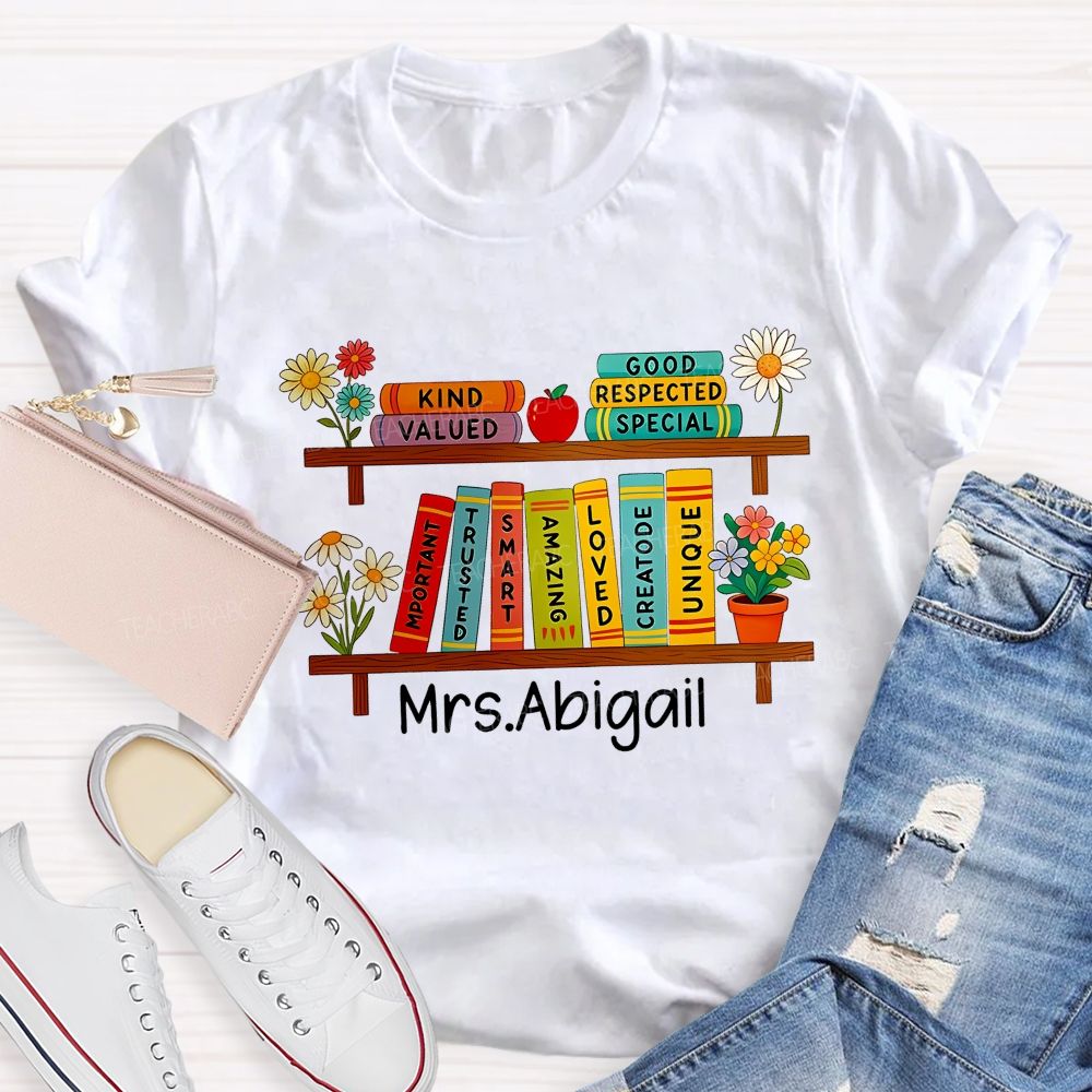 Personalized Name Floral Book Shelf Teacher T-Shirt