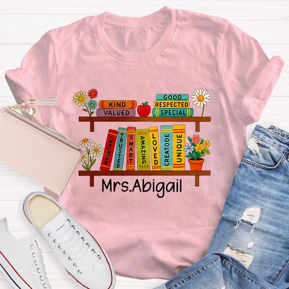 Personalized Name Floral Book Shelf Teacher T-Shirt