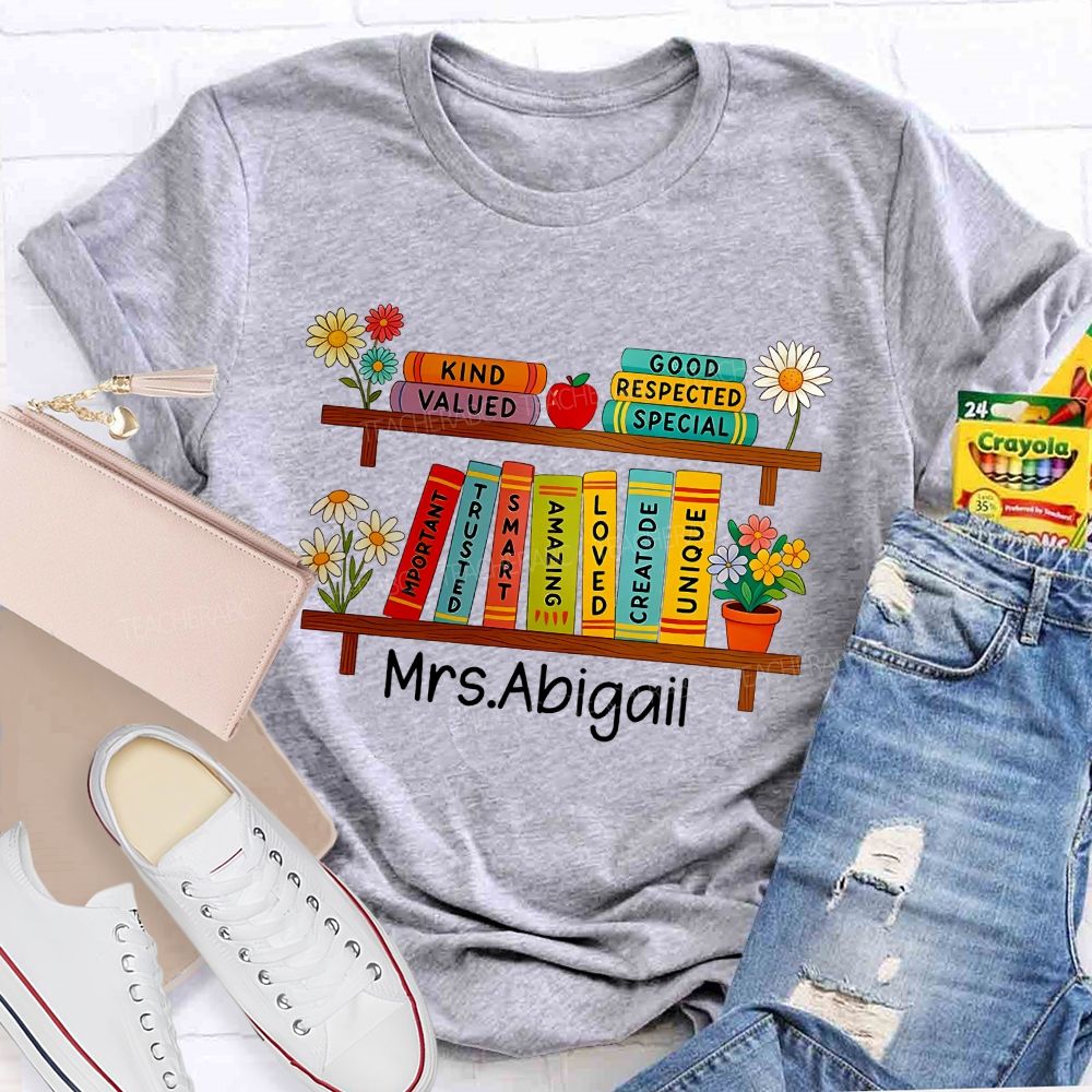 Personalized Name Floral Book Shelf Teacher T-Shirt