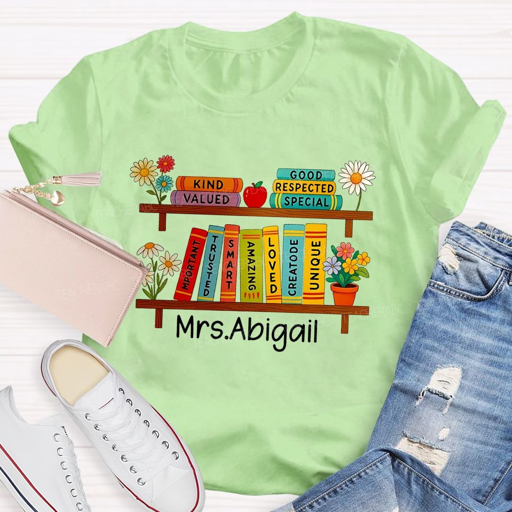Personalized Name Floral Book Shelf Teacher T-Shirt