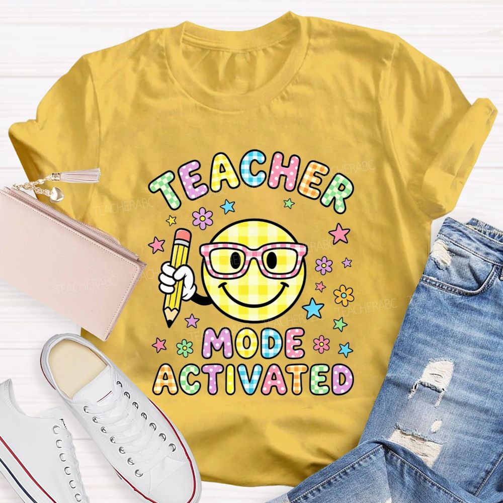 Teacher Mode Activated Checkered Smiley Face Teacher T-shirt