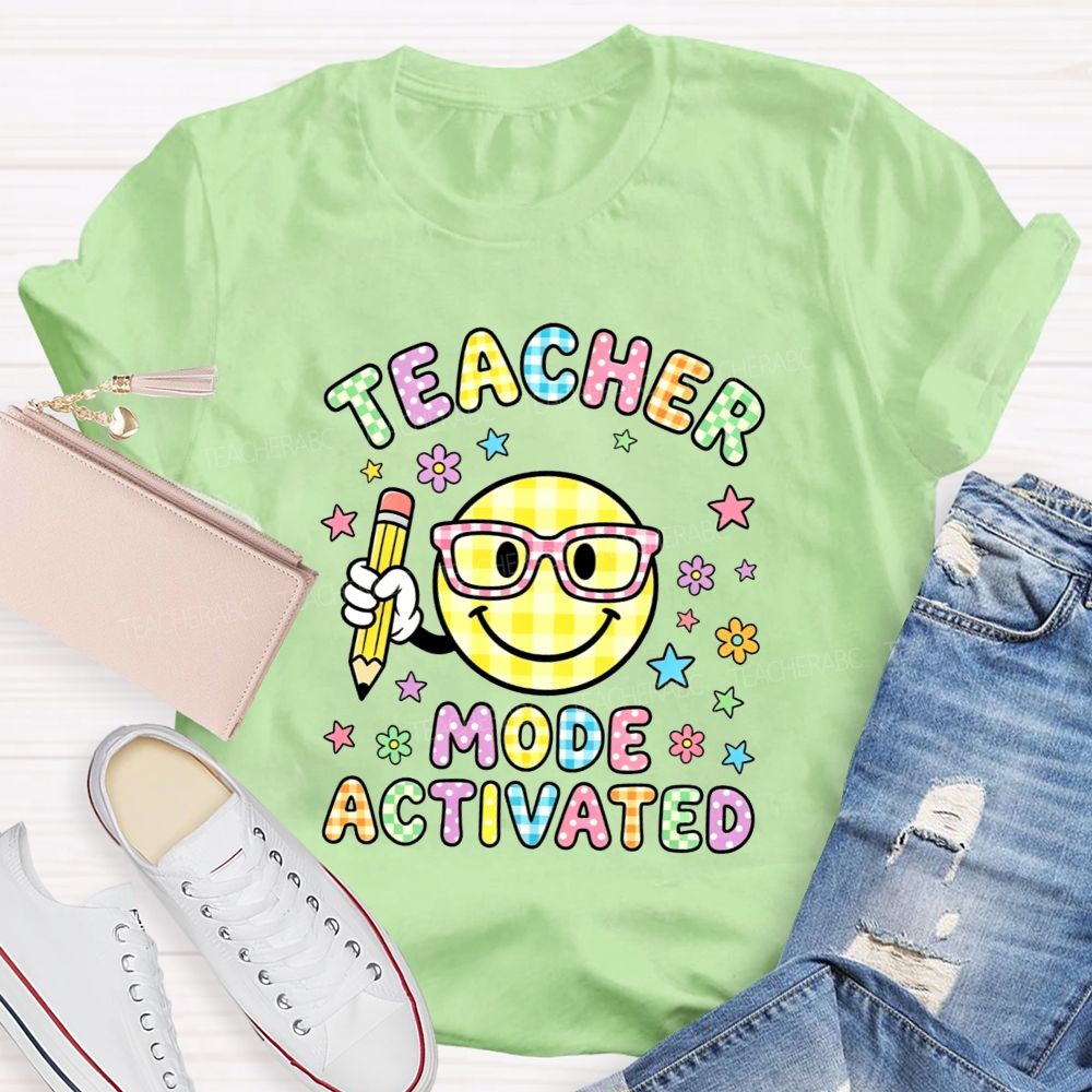 Teacher Mode Activated Checkered Smiley Face Teacher T-shirt