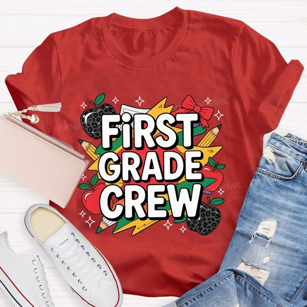 Personalized Grade First Grade Crew Leopard Apple Lightning Bolt Teacher T-shirt