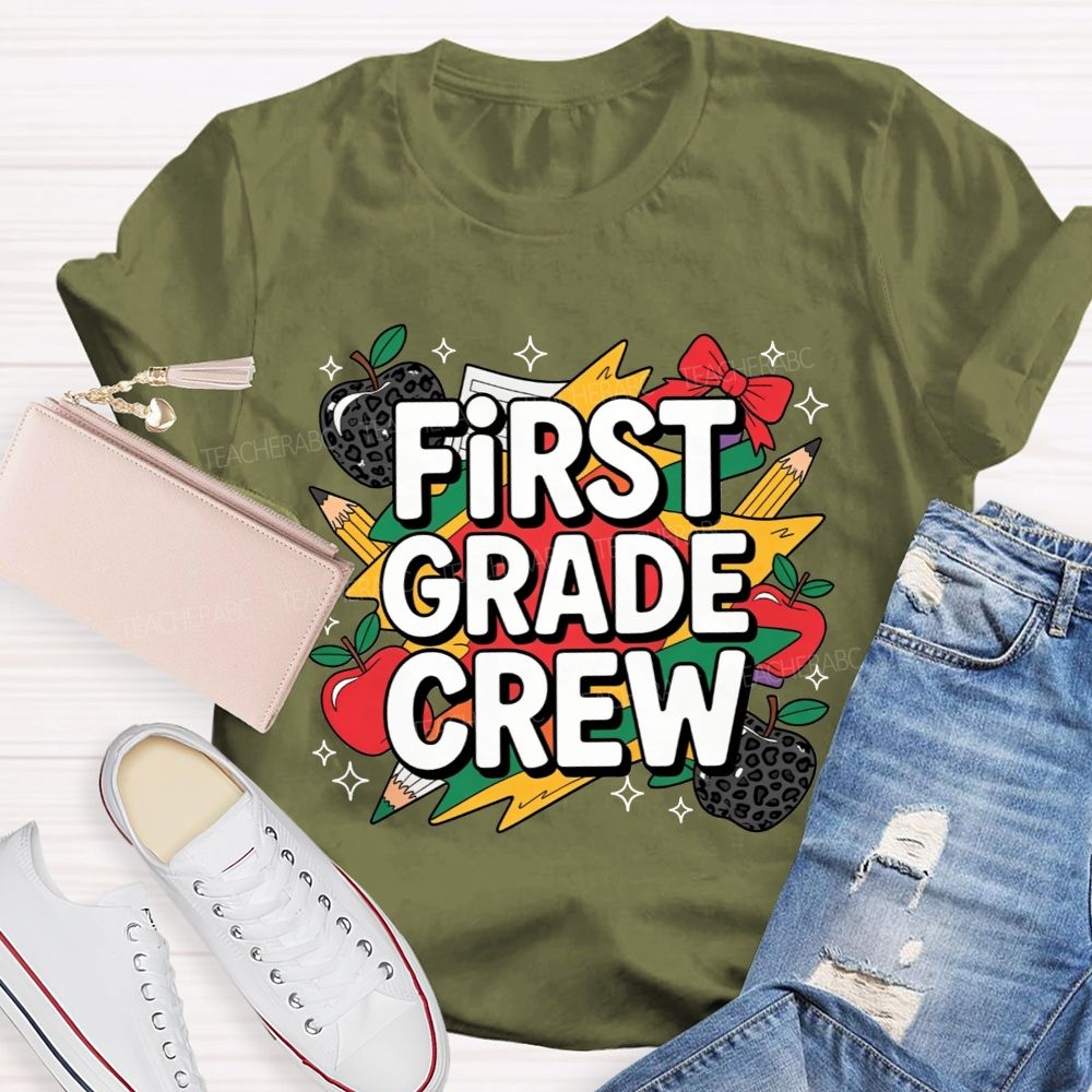 Personalized Grade First Grade Crew Leopard Apple Lightning Bolt Teacher T-shirt