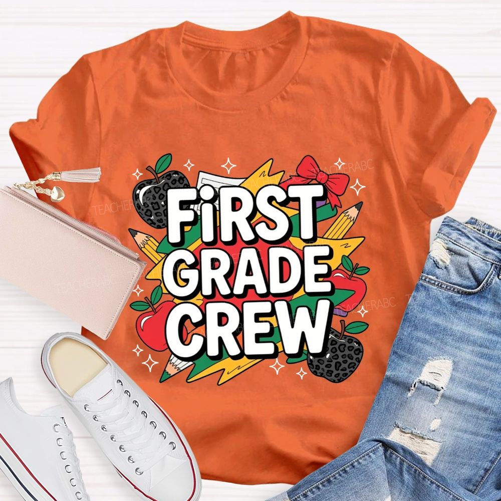 Personalized Grade First Grade Crew Leopard Apple Lightning Bolt Teacher T-shirt