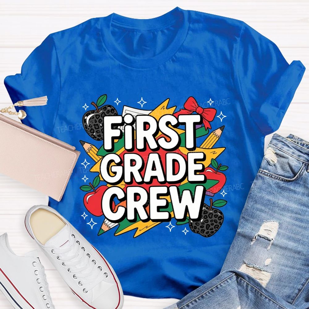 Personalized Grade First Grade Crew Leopard Apple Lightning Bolt Teacher T-shirt