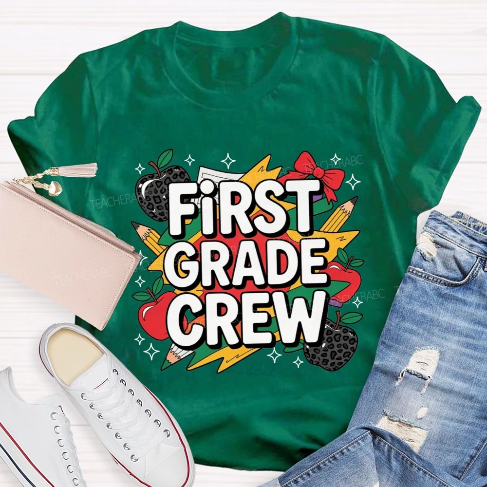 Personalized Grade First Grade Crew Leopard Apple Lightning Bolt Teacher T-shirt