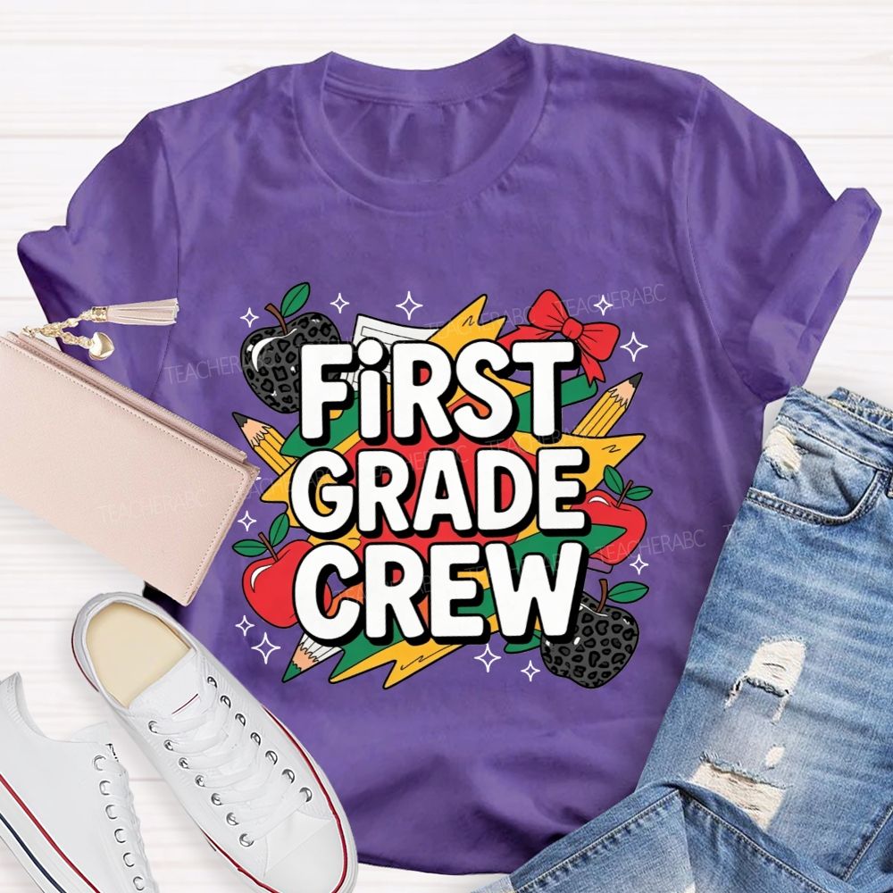 Personalized Grade First Grade Crew Leopard Apple Lightning Bolt Teacher T-shirt