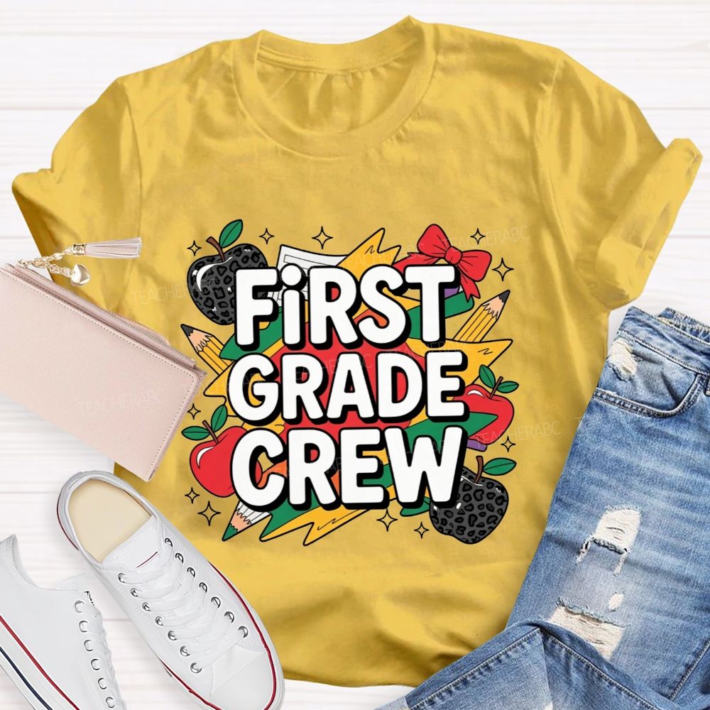 Personalized Grade First Grade Crew Leopard Apple Lightning Bolt Teacher T-shirt