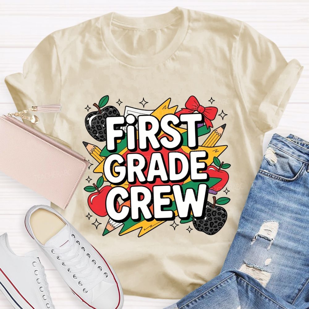 Personalized Grade First Grade Crew Leopard Apple Lightning Bolt Teacher T-shirt