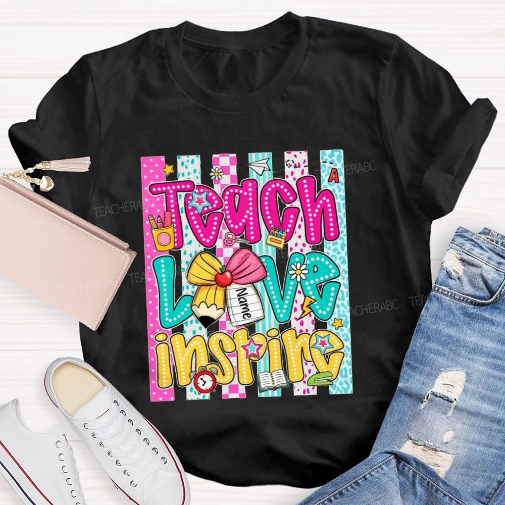 Personalized Name Teach Love Inspire Leopard Striped Teacher T-shirt