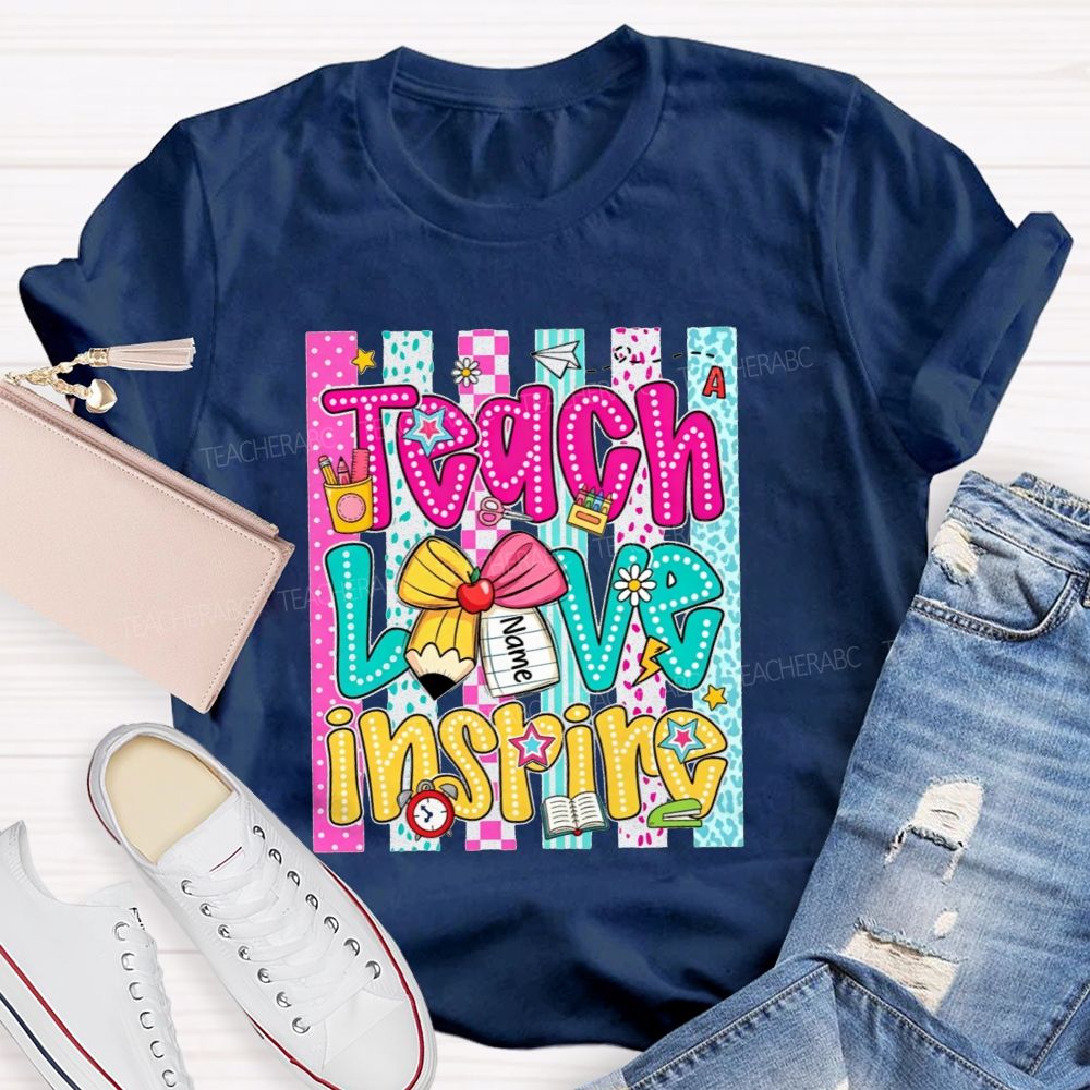 Personalized Name Teach Love Inspire Leopard Striped Teacher T-shirt