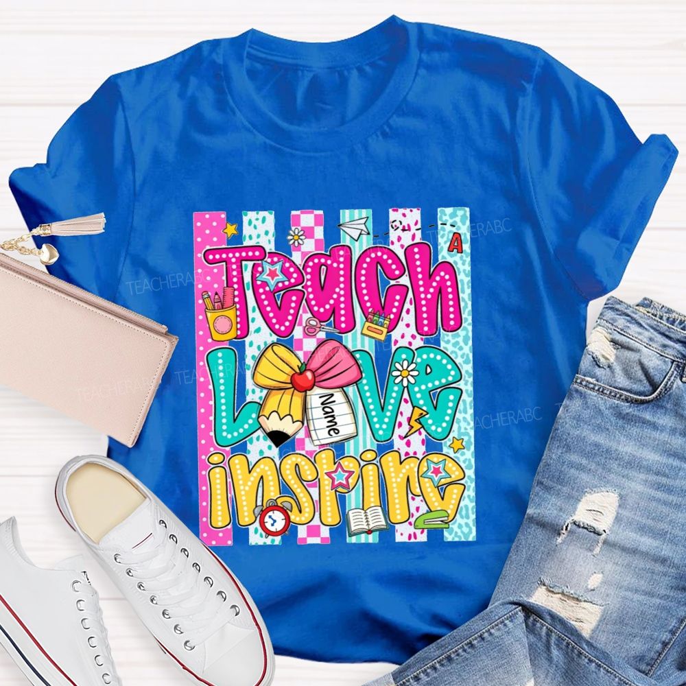 Personalized Name Teach Love Inspire Leopard Striped Teacher T-shirt