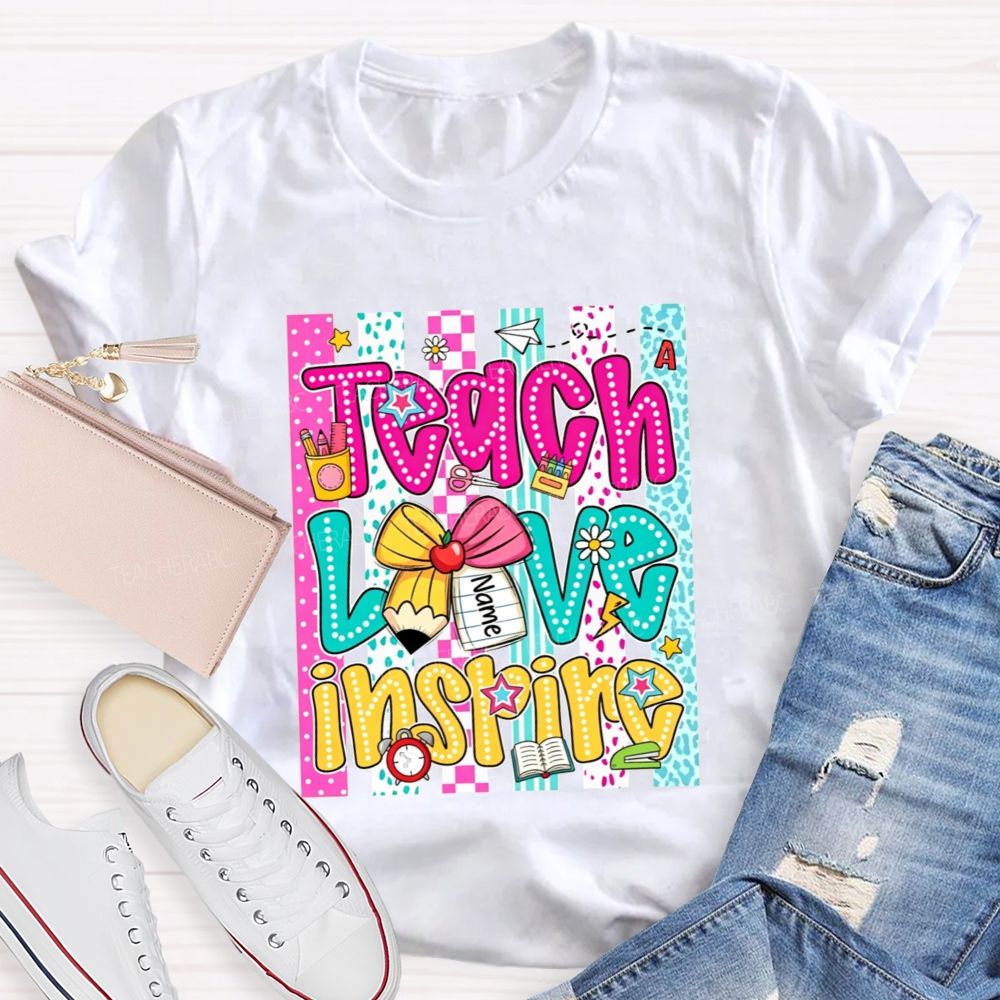 Personalized Name Teach Love Inspire Leopard Striped Teacher T-shirt