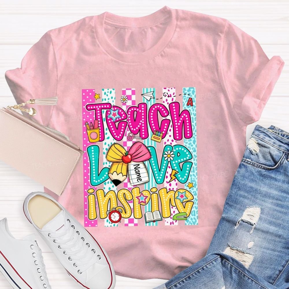 Personalized Name Teach Love Inspire Leopard Striped Teacher T-shirt