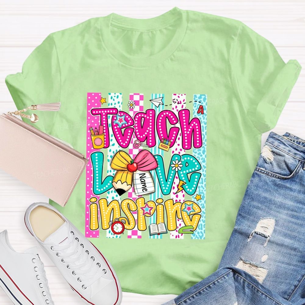 Personalized Name Teach Love Inspire Leopard Striped Teacher T-shirt