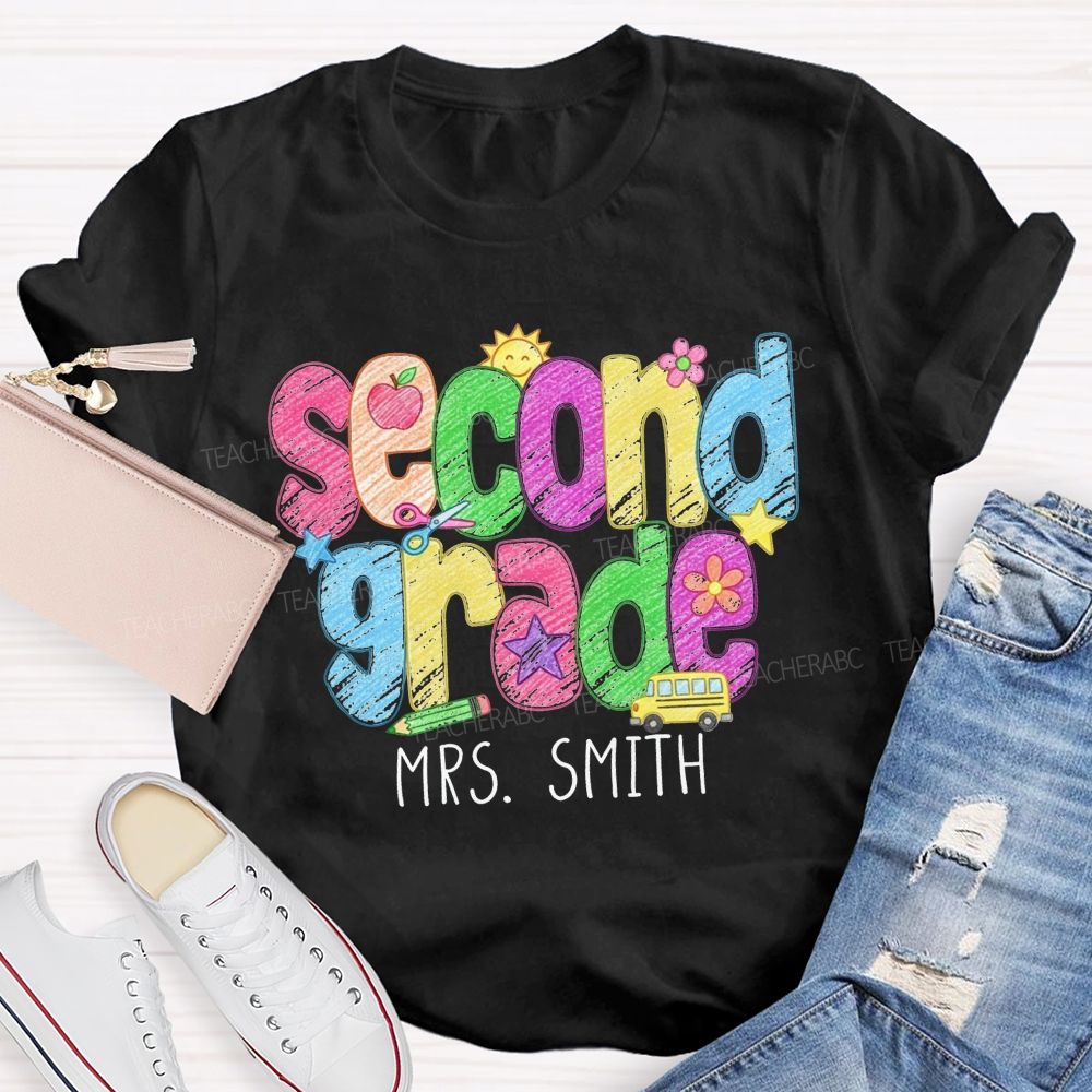 Personalized Name And Grade Crayon Doodle Teacher T-shirt