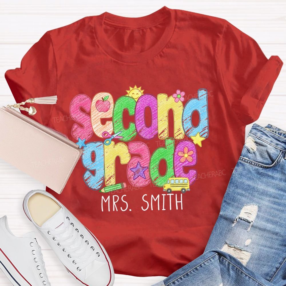 Personalized Name And Grade Crayon Doodle Teacher T-shirt