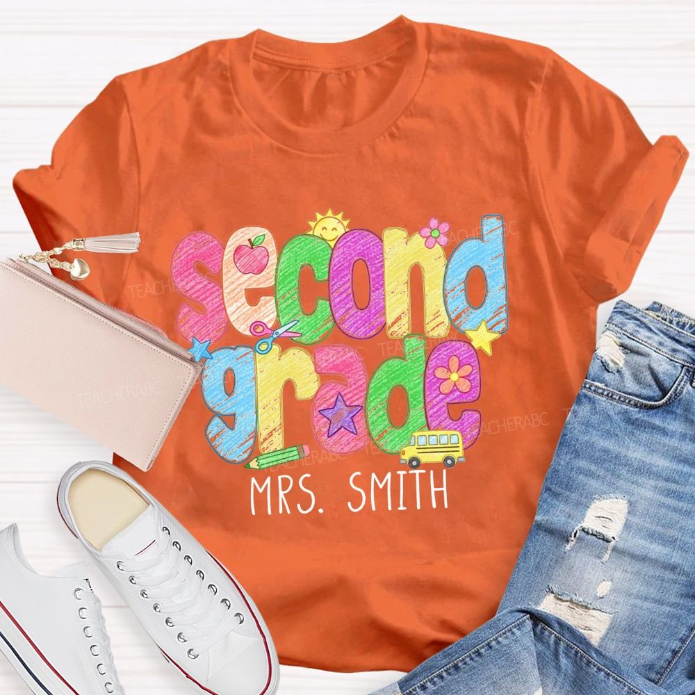 Personalized Name And Grade Crayon Doodle Teacher T-shirt