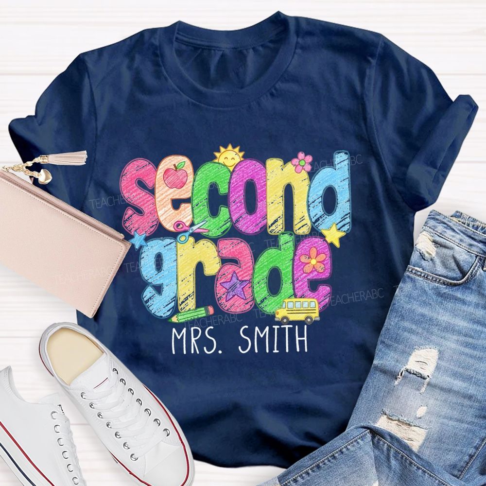 Personalized Name And Grade Crayon Doodle Teacher T-shirt
