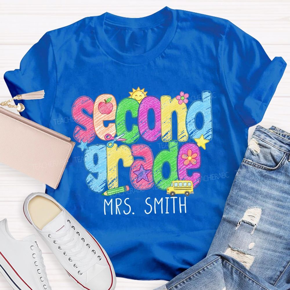 Personalized Name And Grade Crayon Doodle Teacher T-shirt