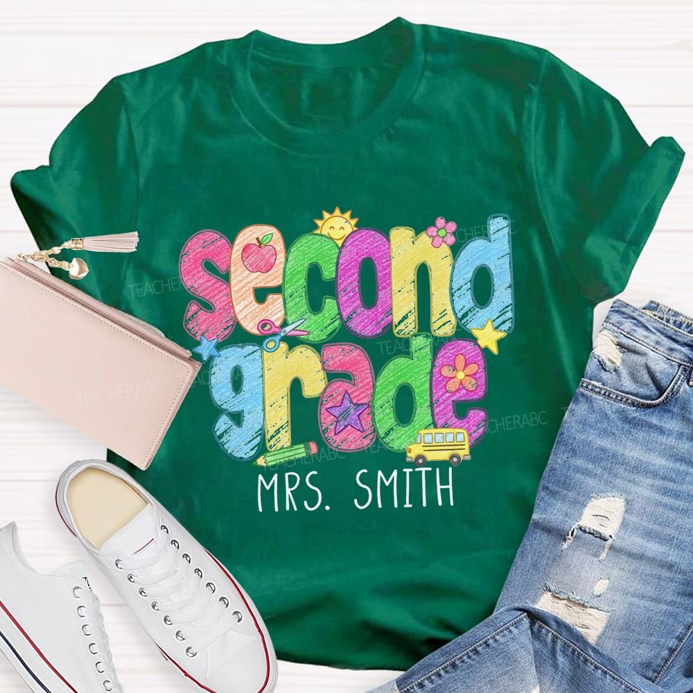 Personalized Name And Grade Crayon Doodle Teacher T-shirt