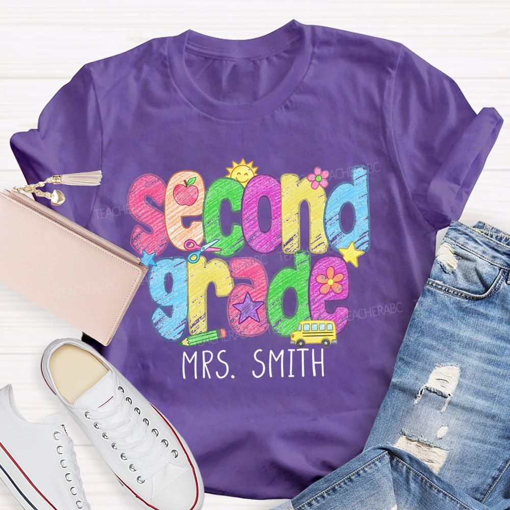 Personalized Name And Grade Crayon Doodle Teacher T-shirt