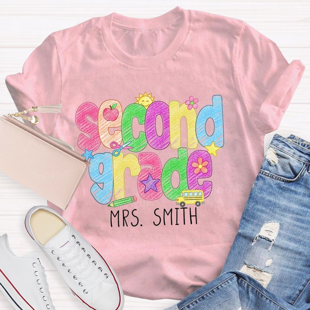 Personalized Name And Grade Crayon Doodle Teacher T-shirt