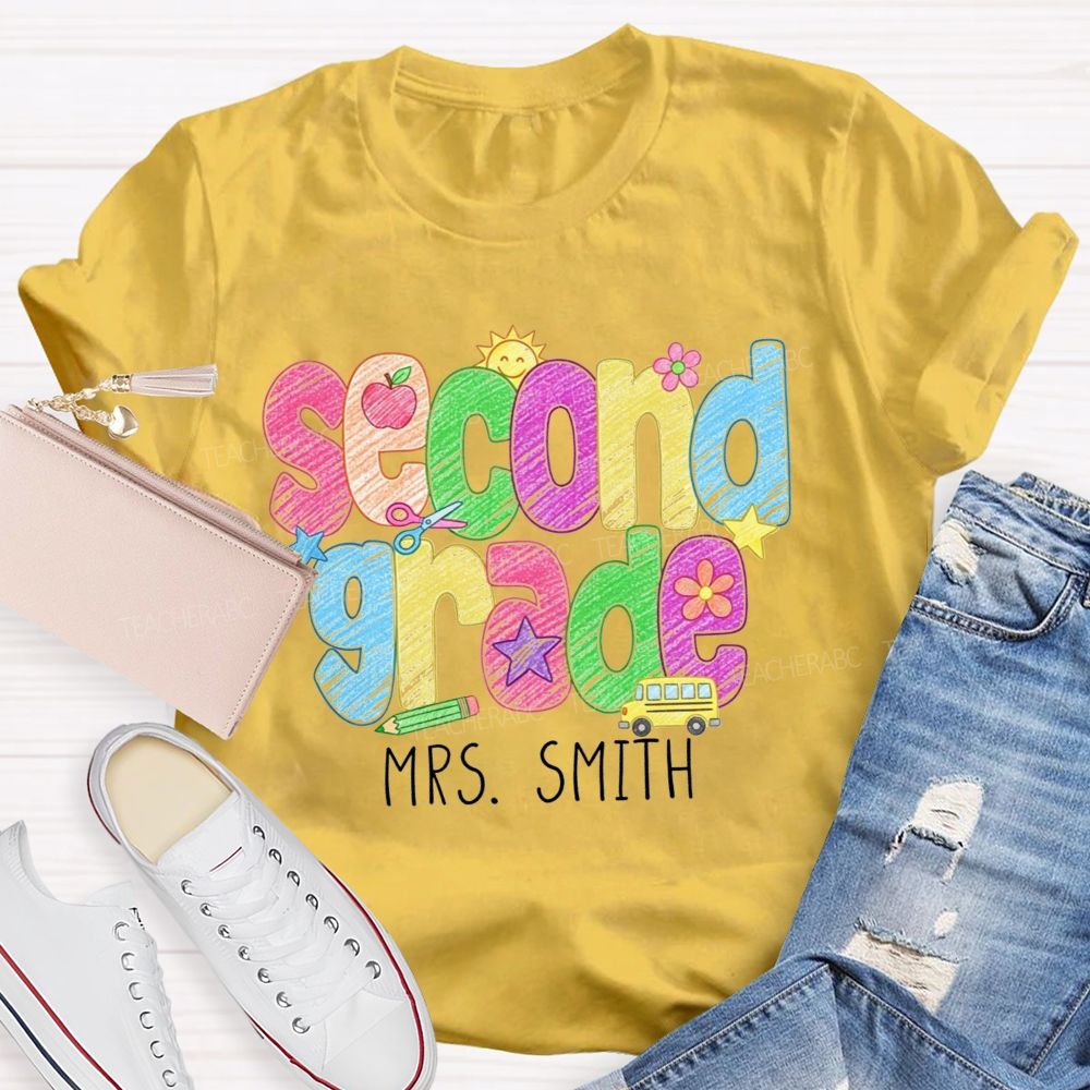 Personalized Name And Grade Crayon Doodle Teacher T-shirt
