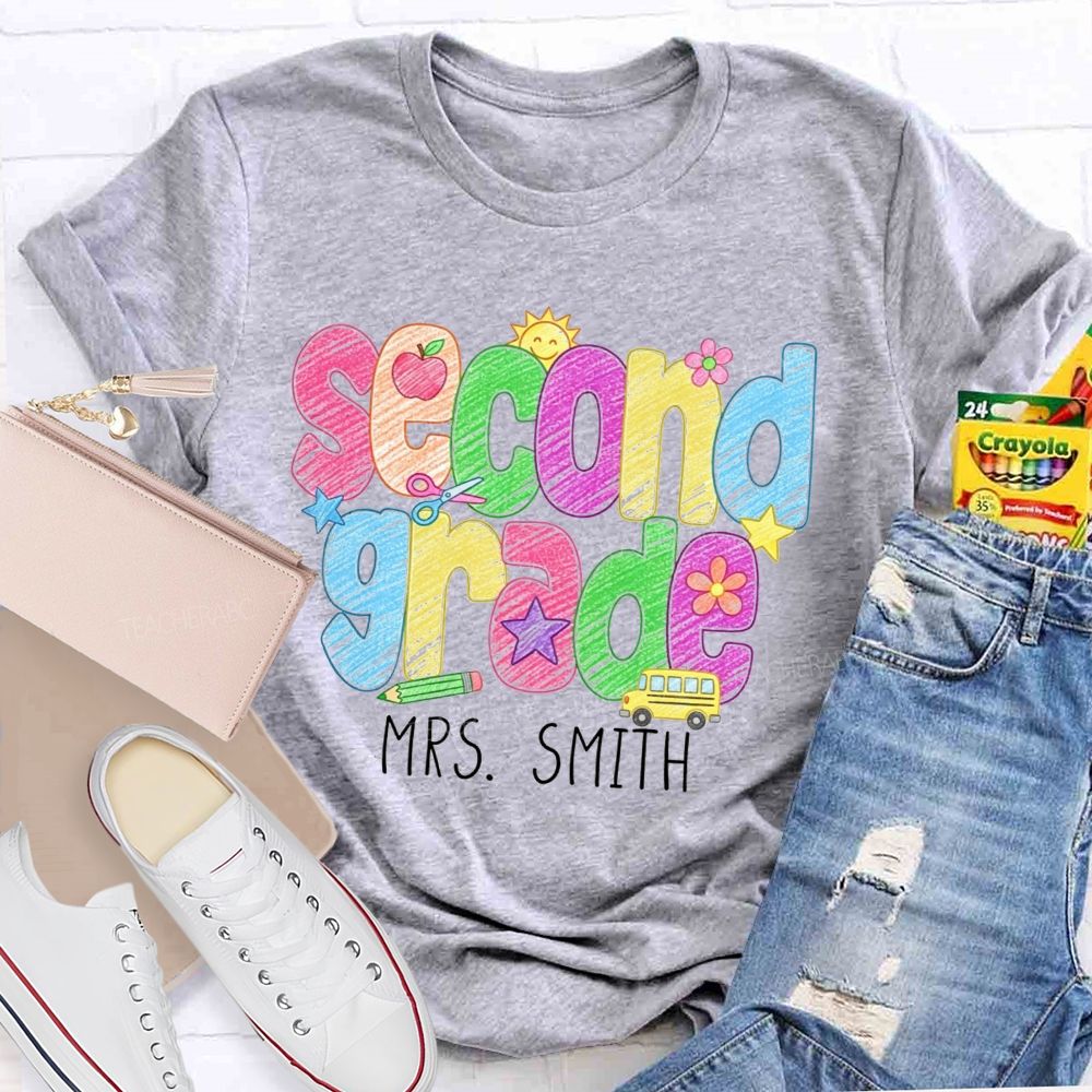 Personalized Name And Grade Crayon Doodle Teacher T-shirt