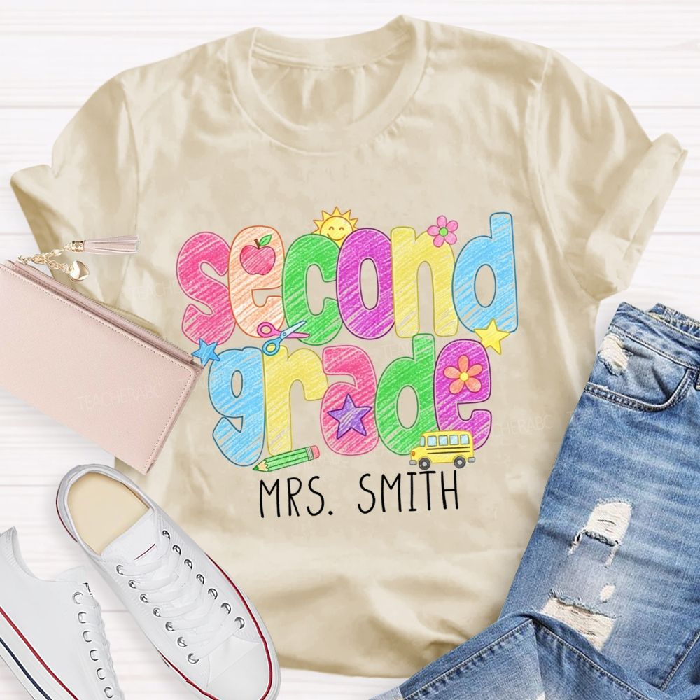 Personalized Name And Grade Crayon Doodle Teacher T-shirt