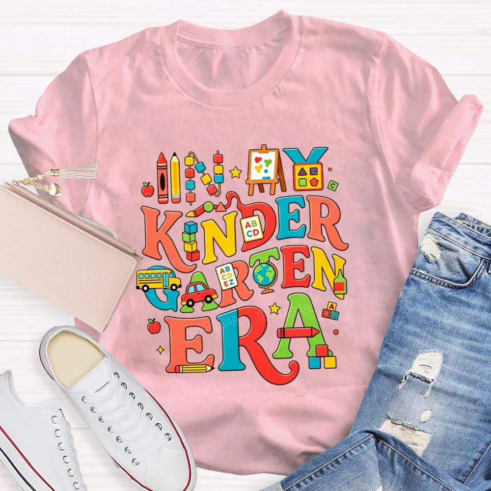 Personalized Grade In My Kindergarten Era Colorful School‑Supply Doodle Teacher T-shirt