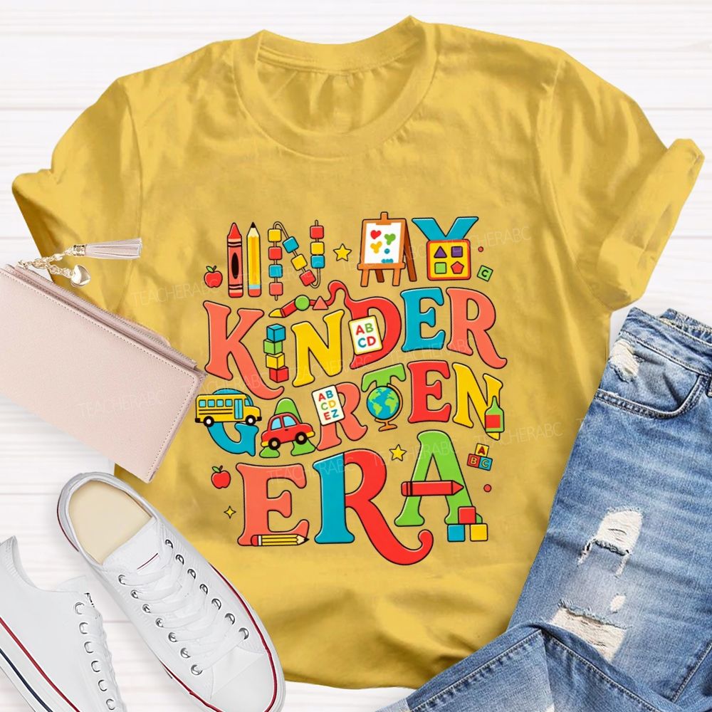 Personalized Grade In My Kindergarten Era Colorful School‑Supply Doodle Teacher T-shirt