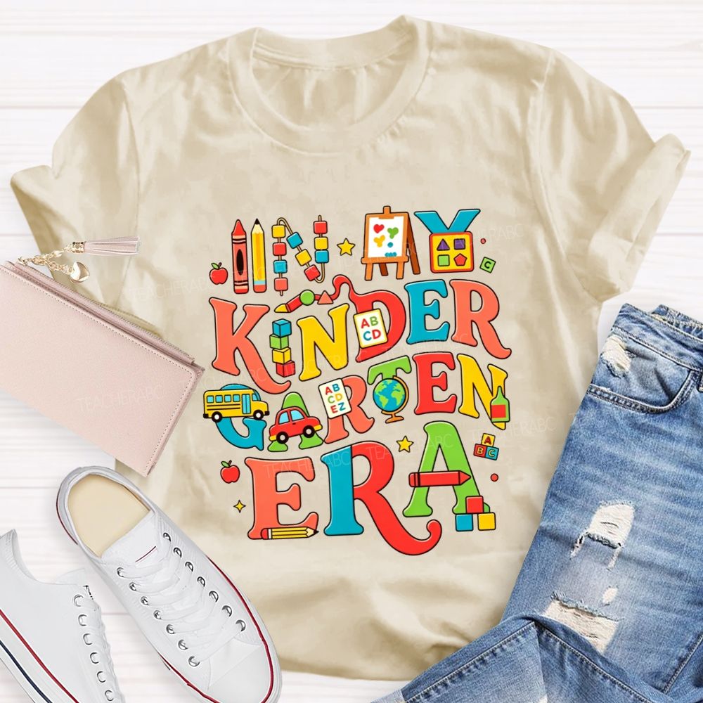 Personalized Grade In My Kindergarten Era Colorful School‑Supply Doodle Teacher T-shirt