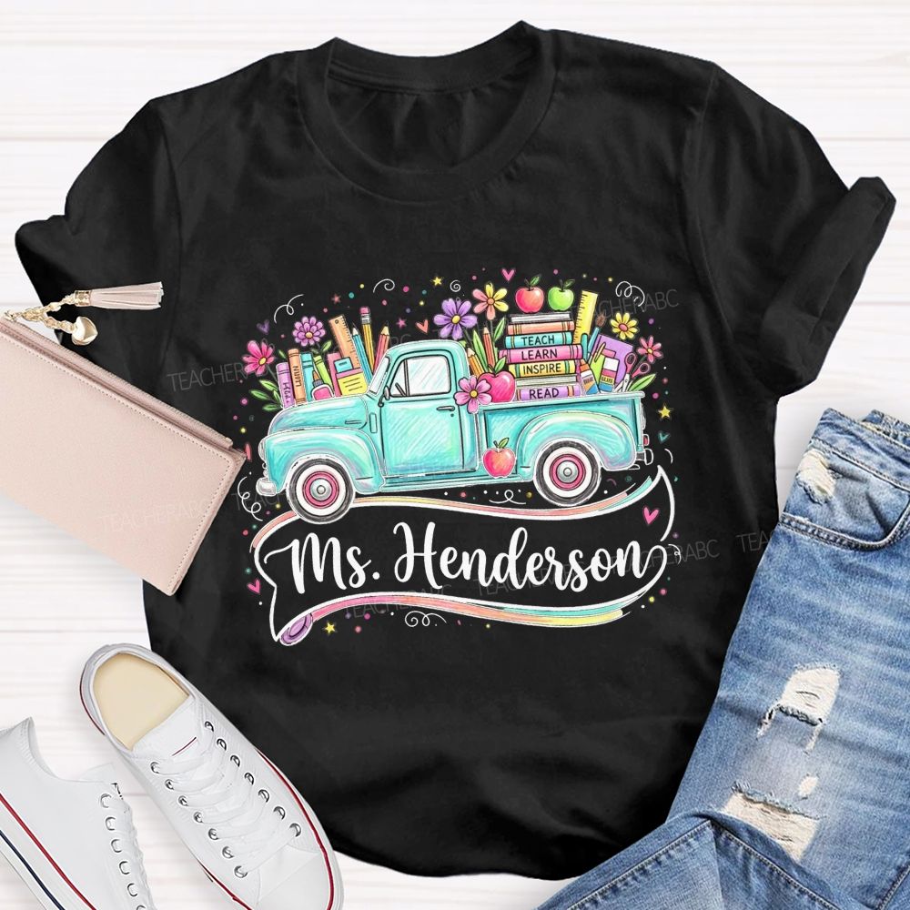 Personalized Name Teach Learn Inspire Read Teal Floral School Supply Teacher T-shirt