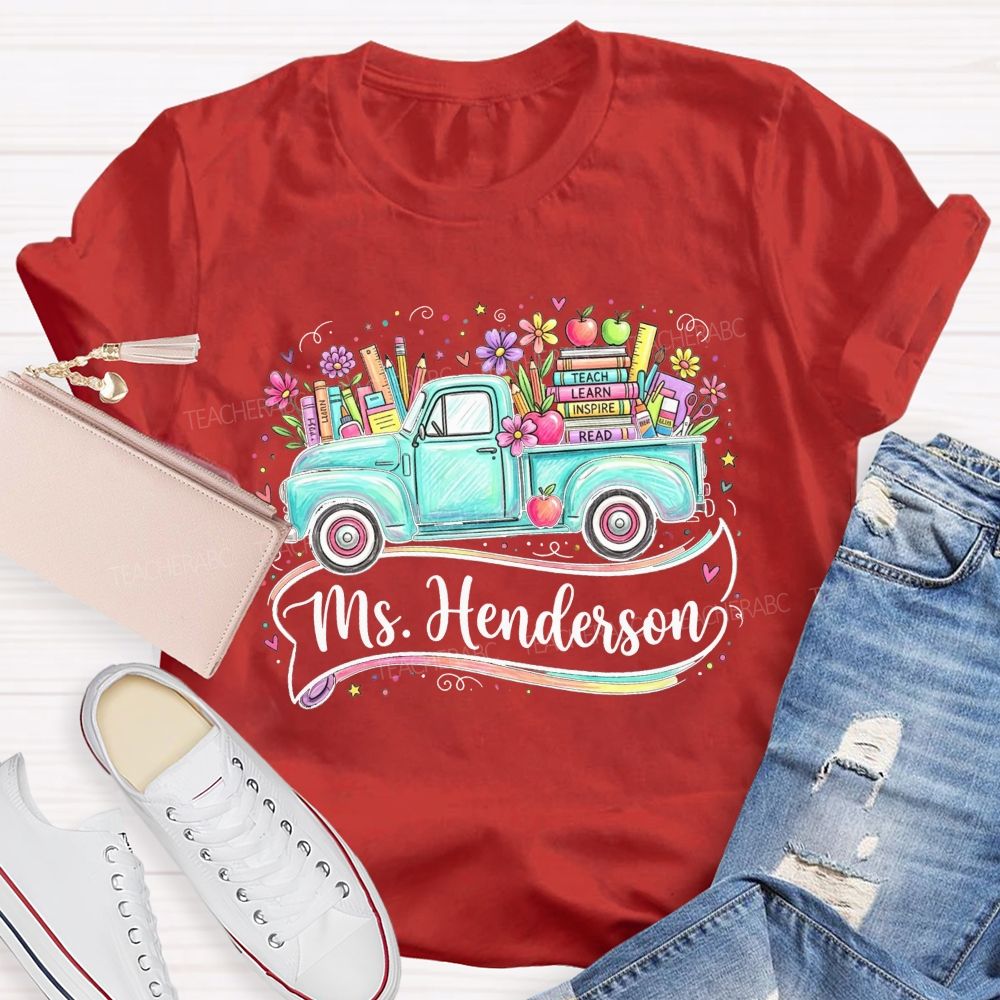 Personalized Name Teach Learn Inspire Read Teal Floral School Supply Teacher T-shirt
