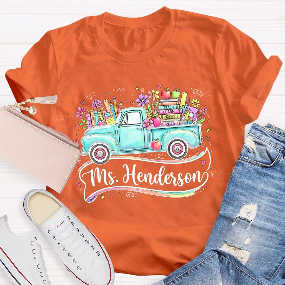 Personalized Name Teach Learn Inspire Read Teal Floral School Supply Teacher T-shirt